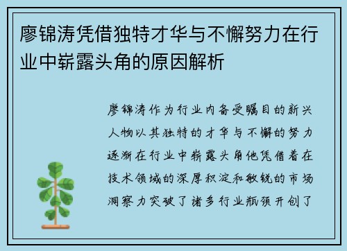 廖锦涛凭借独特才华与不懈努力在行业中崭露头角的原因解析