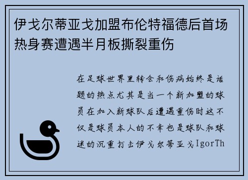 伊戈尔蒂亚戈加盟布伦特福德后首场热身赛遭遇半月板撕裂重伤