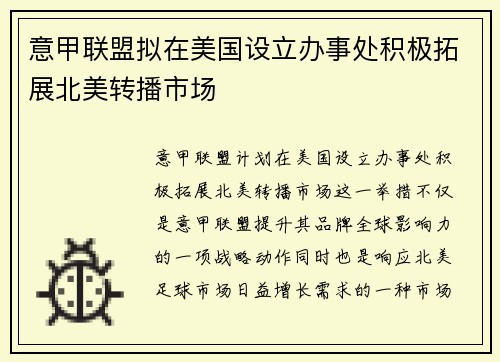 意甲联盟拟在美国设立办事处积极拓展北美转播市场