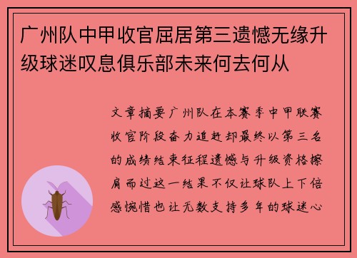 广州队中甲收官屈居第三遗憾无缘升级球迷叹息俱乐部未来何去何从