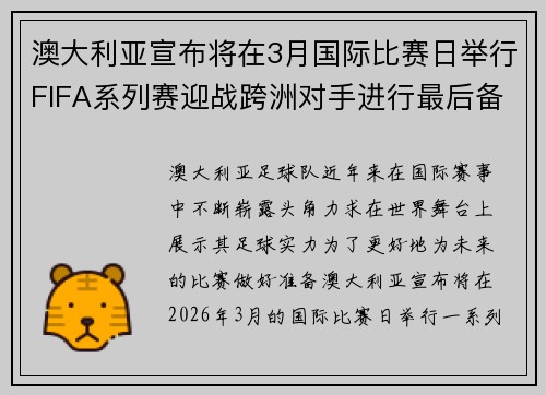 澳大利亚宣布将在3月国际比赛日举行FIFA系列赛迎战跨洲对手进行最后备战